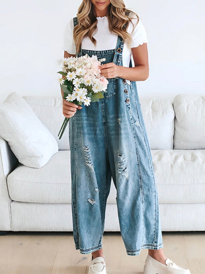 Thessa | Women's Relaxed Distressed Denim Overalls with Pockets