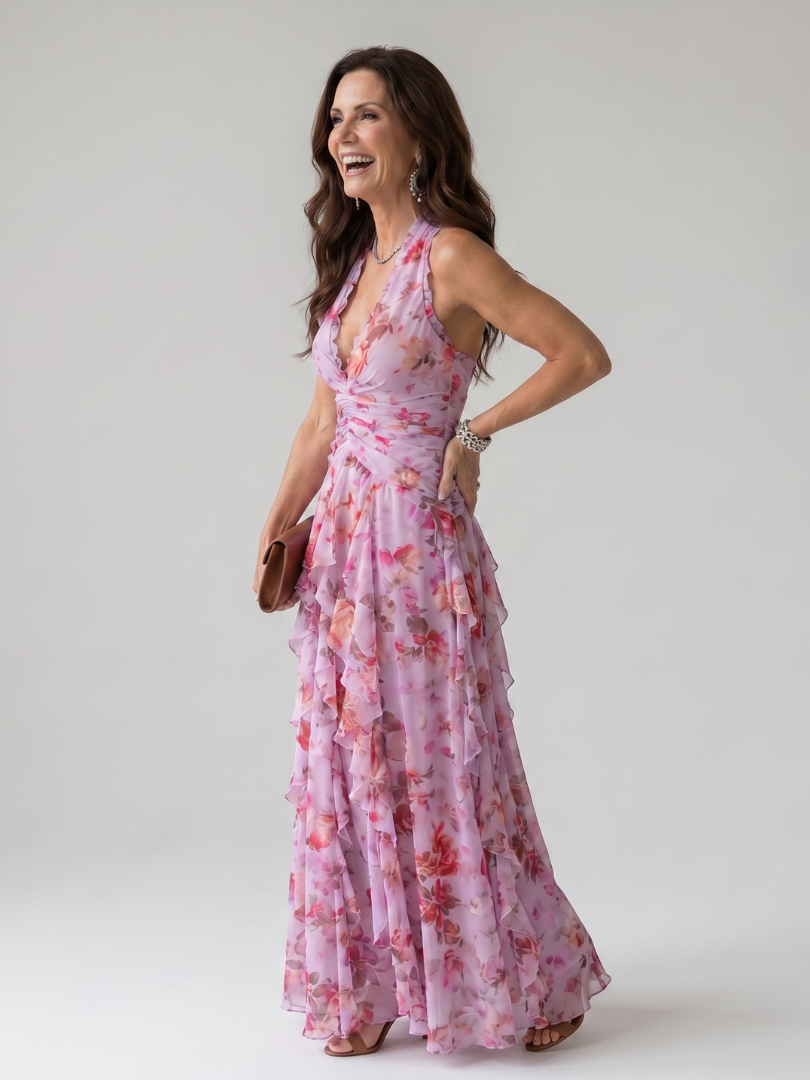 Nori | Women's Halter Neck Ruched Bodice Floral Maxi Dress with Ruffle Detail