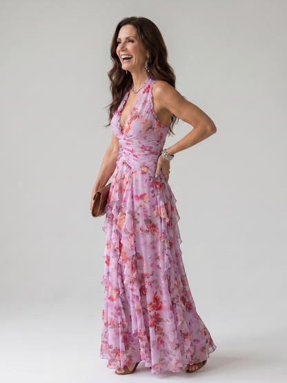 Nori | Women's Halter Neck Ruched Bodice Floral Maxi Dress with Ruffle Detail