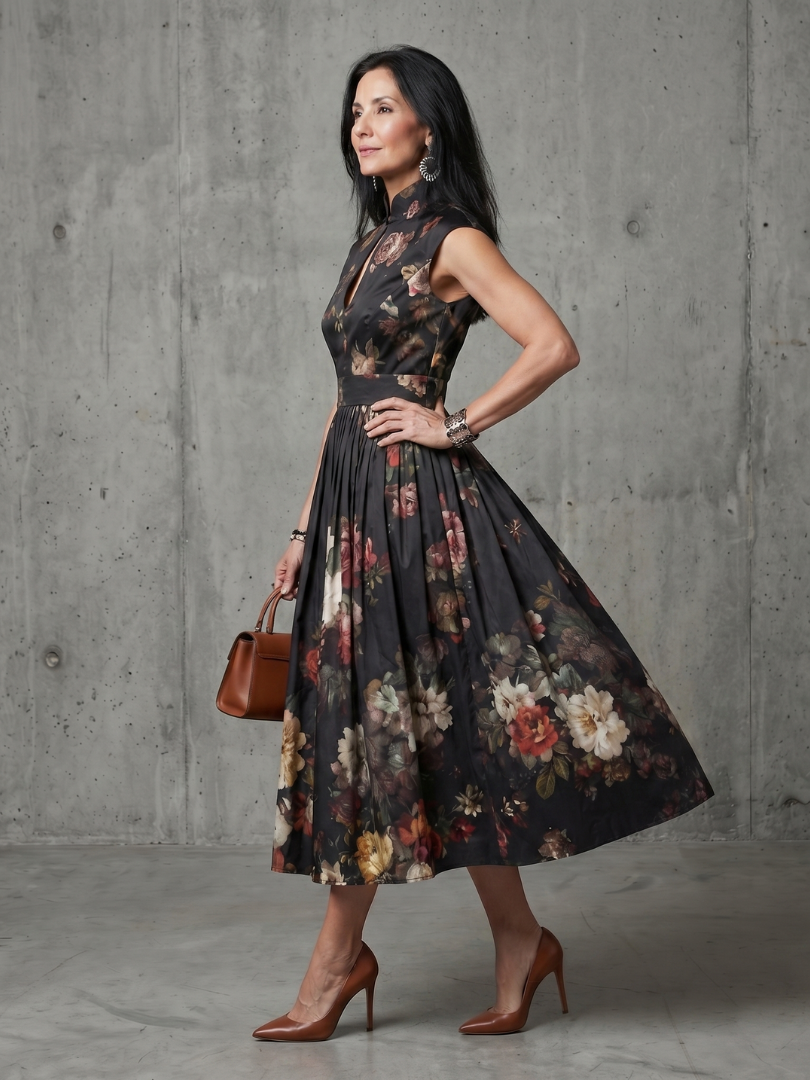 Greta | Women's High Neck Keyhole Floral Pleated Midi Dress