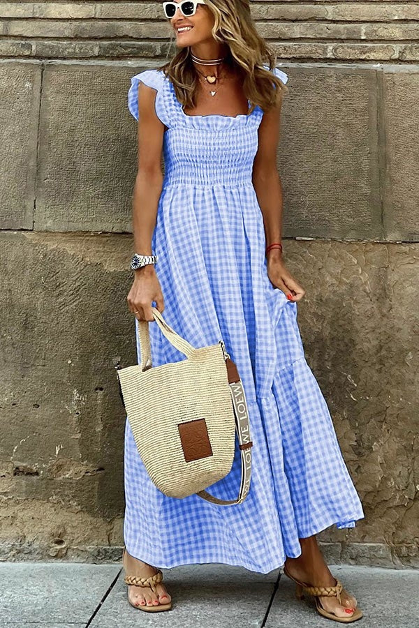 Ivara | Women's Elegant Plaid Summer Maxi Dress with Ruffle Detail and Smocking