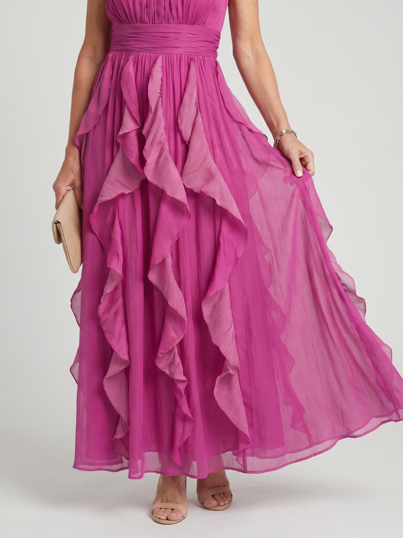 Orea | Women's High Neck Gathered Ruffle Layers Maxi Dress