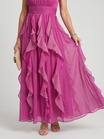 Orea | Women's High Neck Gathered Ruffle Layers Maxi Dress