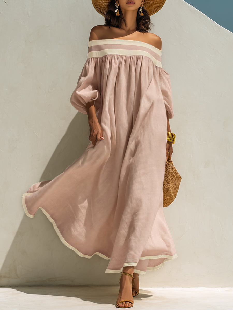 Women's Beige Off-the-Shoulder Maxi Dress with Relaxed Fit and Colour-Block Design