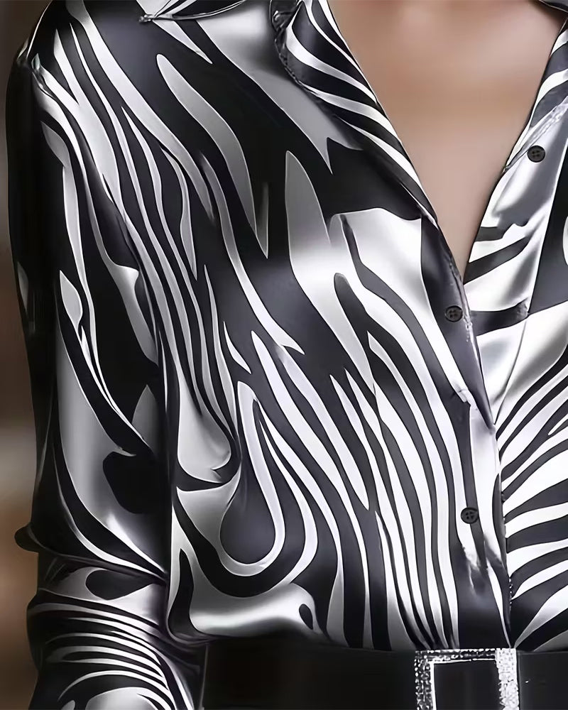 Women's Chic and Stylish Printed Blouse with V-Neck and Long Sleeve