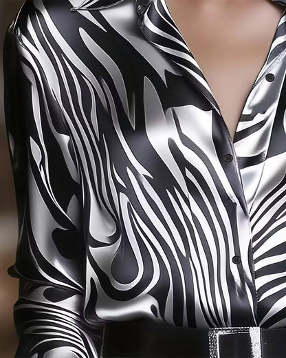 Women's Chic and Stylish Printed Blouse with V-Neck and Long Sleeve