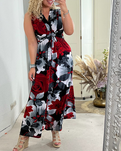 Svea | Women's Sleeveless Pleated Maxi Dress with Floral Print