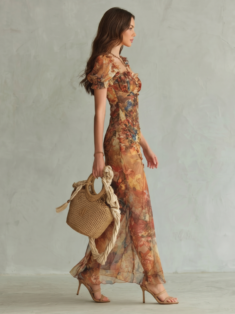 Ciel | Women's Ruffled Sleeve Ruched Slit Midi Dress with Ruching