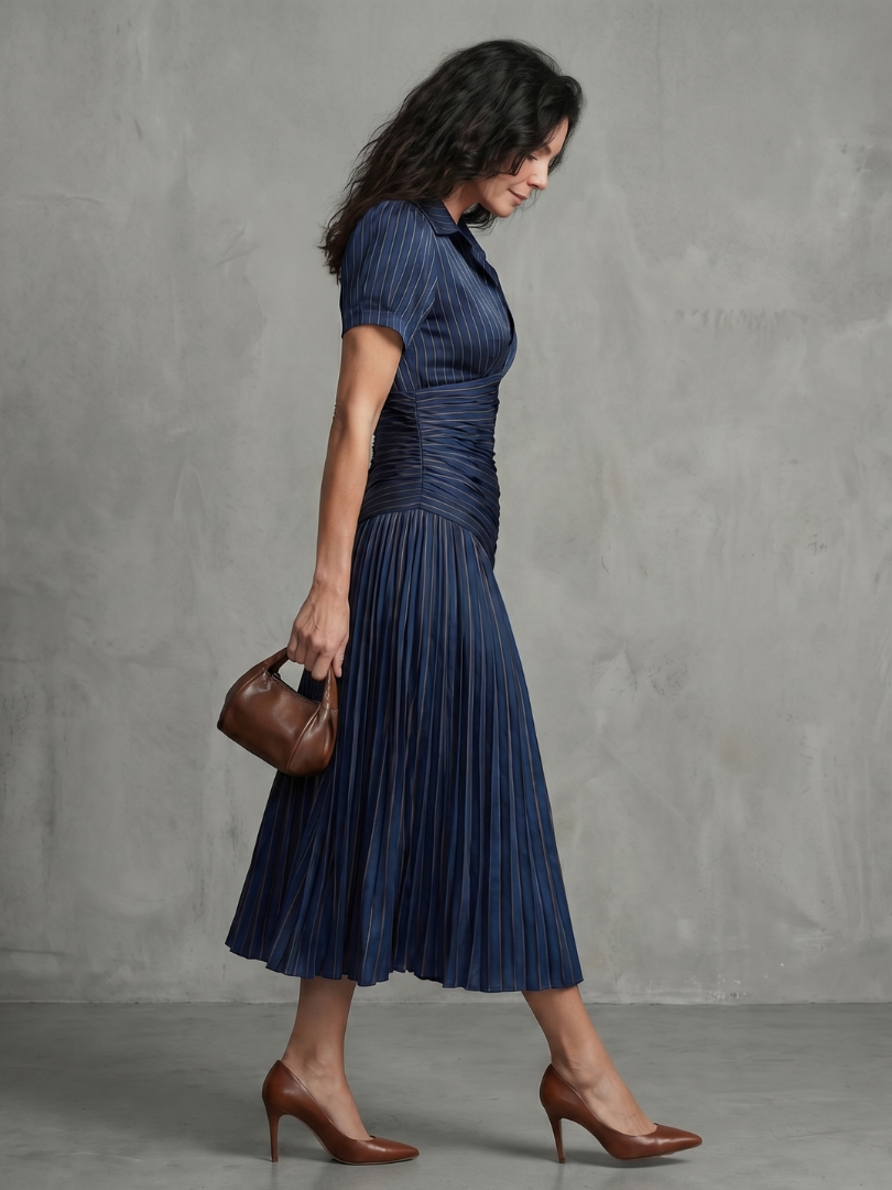 Theodora | Women's Pleated Waistline Stripe Midi Dress