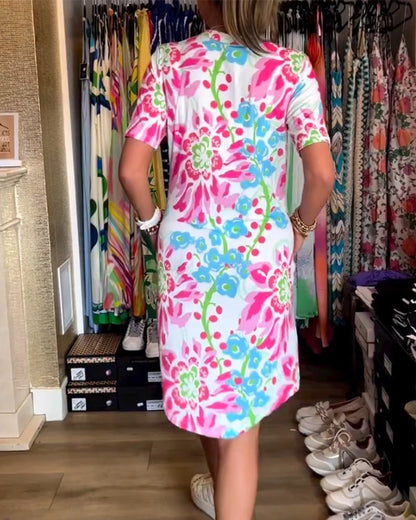 Federica | Women's Relaxed Dress with Short Sleeves and Floral Print