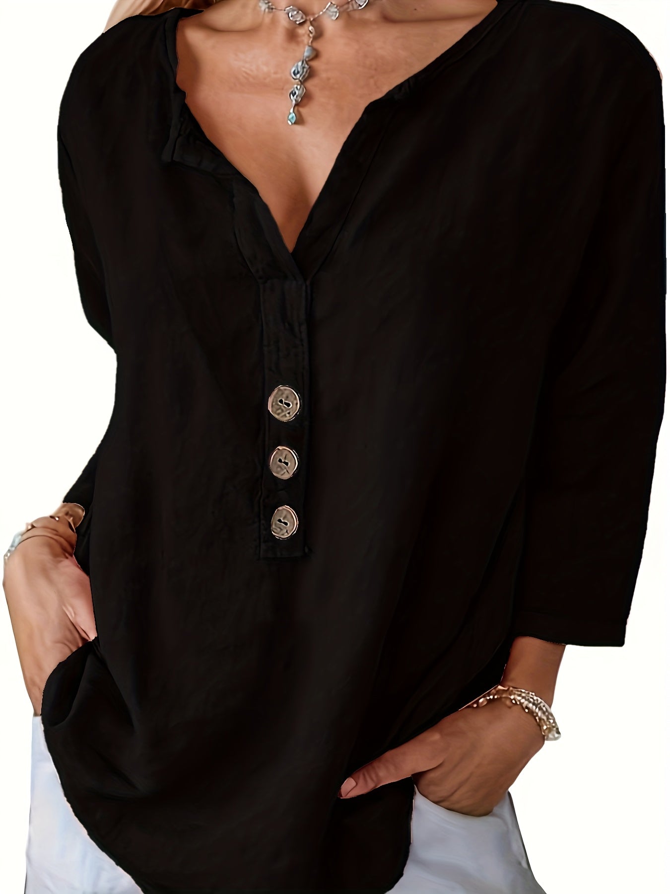 Harper | Women's Longline Relaxed Loose V-Neck Button-Up Top
