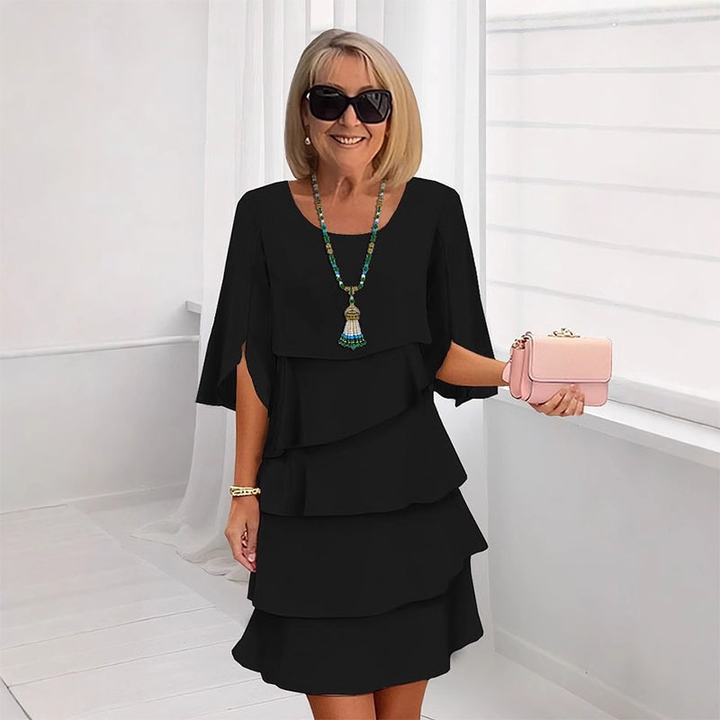 Chic Layered Midi Dress with Puff Sleeves for Women
