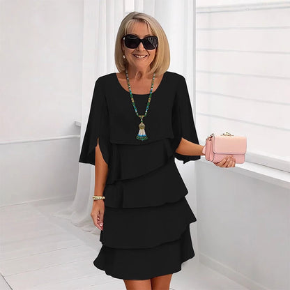 Chic Layered Midi Dress with Puff Sleeves for Women