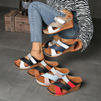 Women's Orthopedic Open-Toe Marina Colourblock Wedge Slides, Comfortable Sandals
