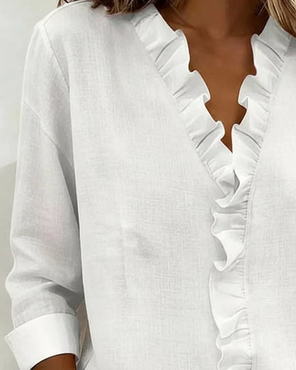 Indie | Women's Relaxed Ruffled V-Neck Blouse with Long Sleeves
