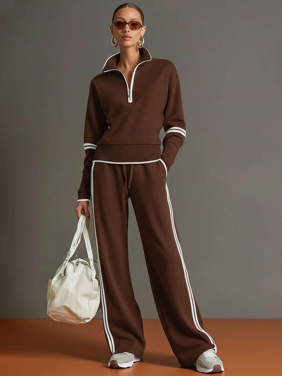 Women's Vintage-Inspired Grey and White Half-Zip Sweatshirt with Wide-Leg Trousers Set
