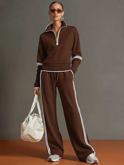 Women's Vintage-Inspired Grey and White Half-Zip Sweatshirt with Wide-Leg Trousers Set
