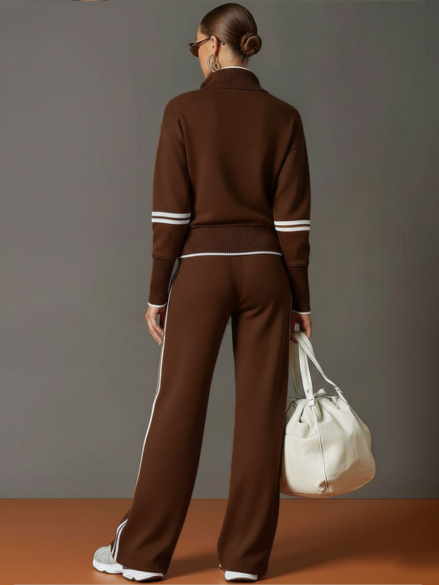 Women's Vintage-Inspired Grey and White Half-Zip Sweatshirt with Wide-Leg Trousers Set
