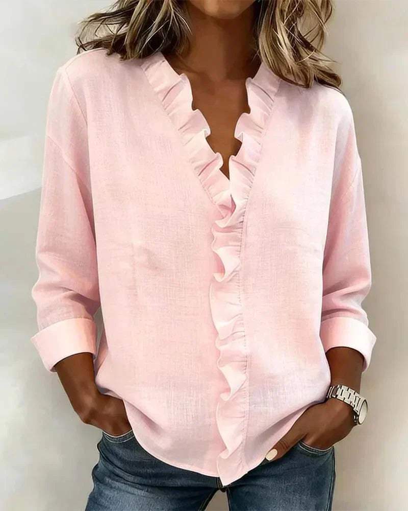 Indie | Women's Relaxed Ruffled V-Neck Blouse with Long Sleeves