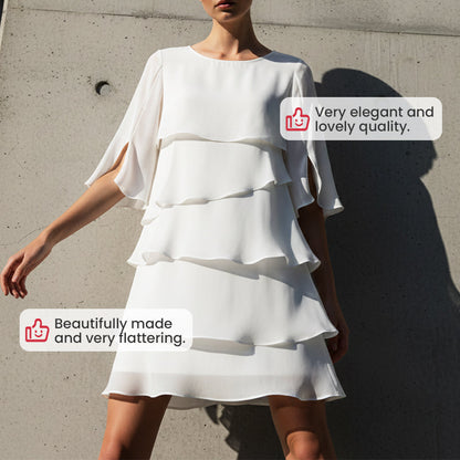 Chic Layered Midi Dress with Puff Sleeves for Women
