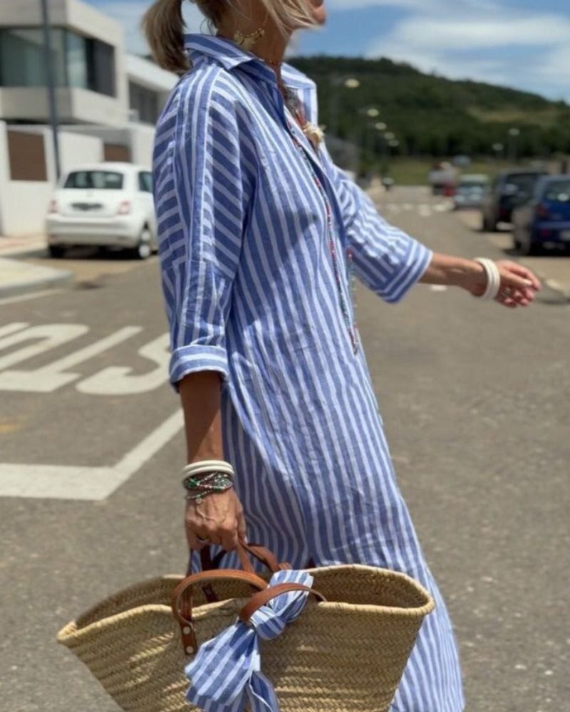 Olen | Women's Classic Striped Shirt Midi Dress