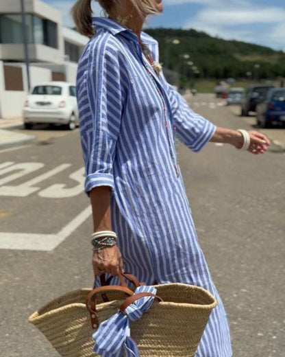 Olen | Women's Classic Striped Shirt Midi Dress