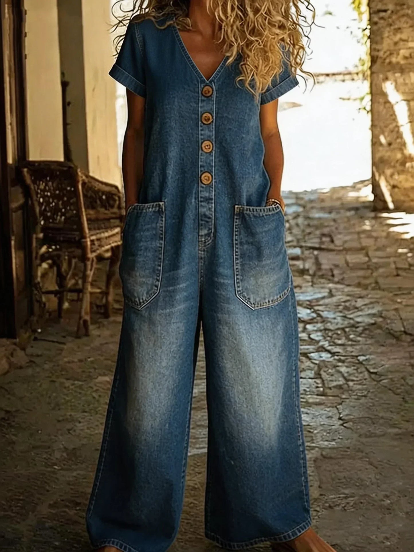 Denise | Women's Denim Jumpsuit with V-Neck and Short Sleeves and Pockets