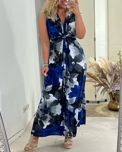 Svea | Women's Sleeveless Pleated Maxi Dress with Floral Print