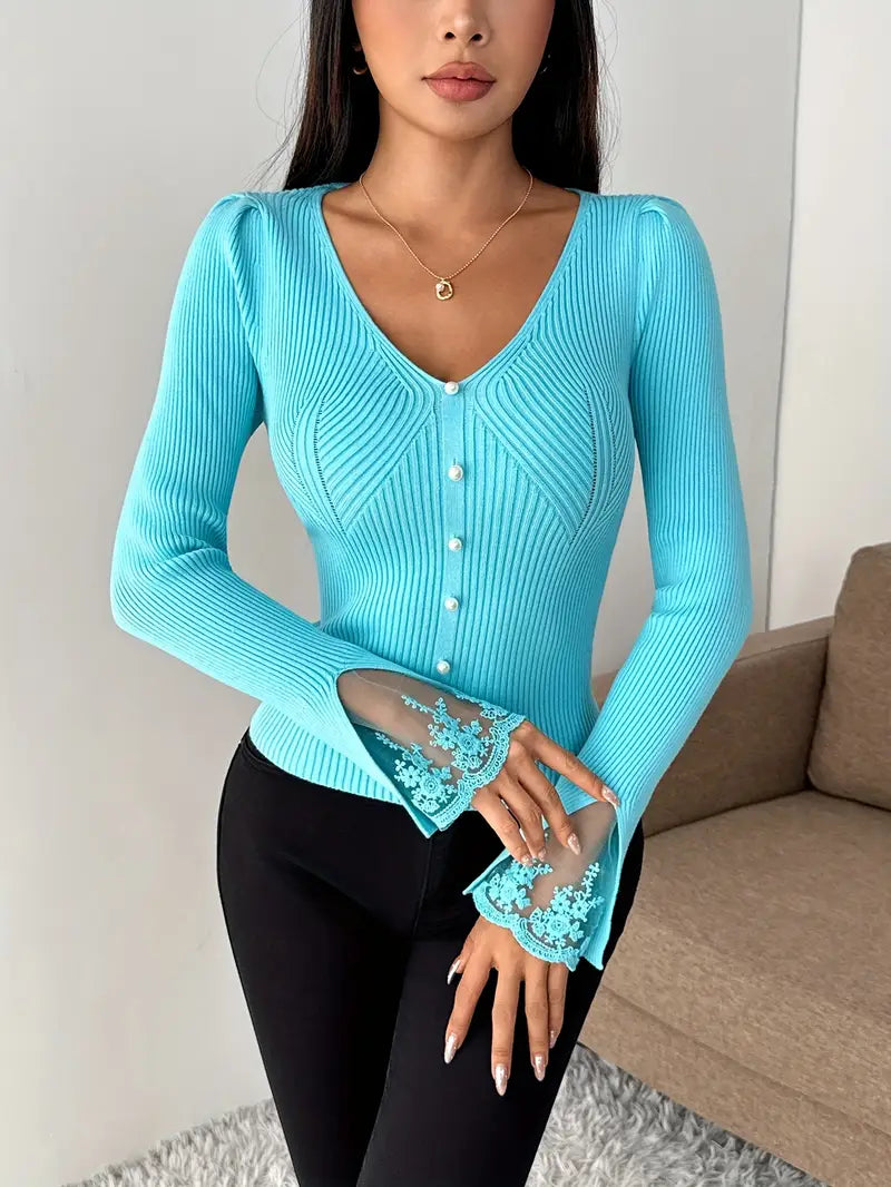 Women's Cropped Floral V-Neck Ribbed Top with Sleeves