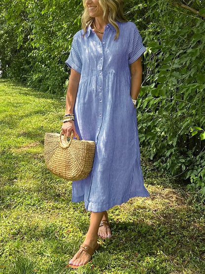 Gwen | Women's Striped Shirt Maxi Dress with Pockets