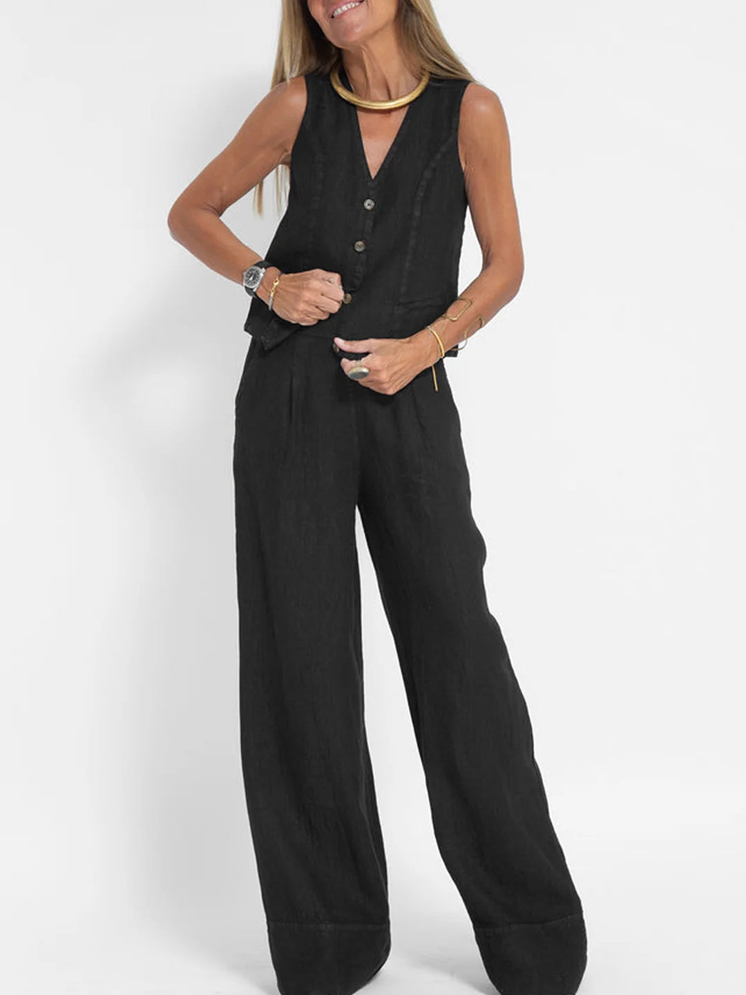 Aira | Women's Buttoned Vest & Wide-Leg Trousers Set