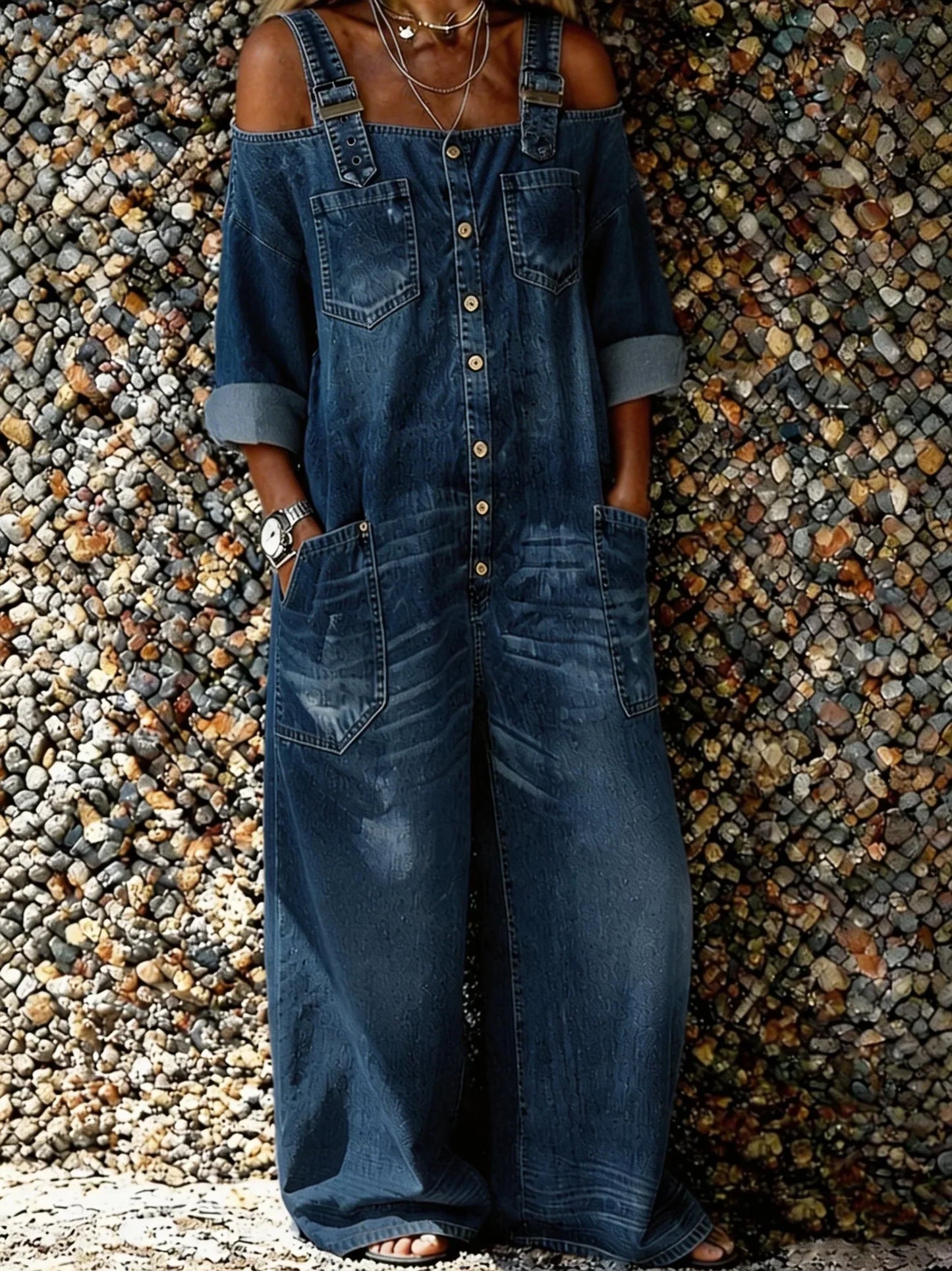 Bo | Women's Denim Overall Jumpsuit with Shoulder Straps and Pockets
