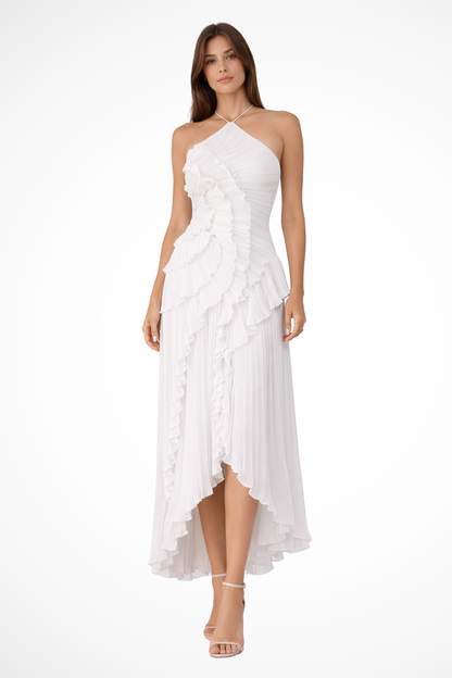 Imogen | Women's Backless Ruffled Maxi Dress with Sleeveless Halter Design for Summer Weddings