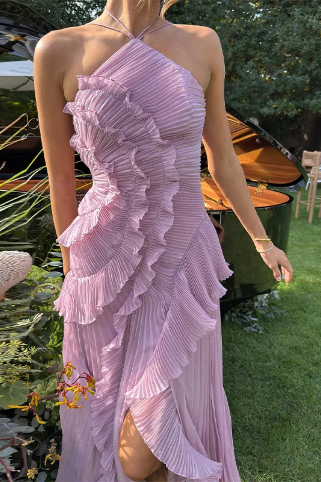 Imogen | Women's Backless Ruffled Maxi Dress with Sleeveless Halter Design for Summer Weddings