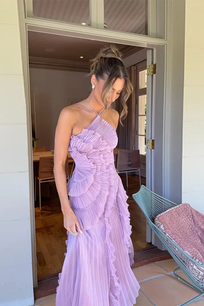 Imogen | Women's Backless Ruffled Maxi Dress with Sleeveless Halter Design for Summer Weddings