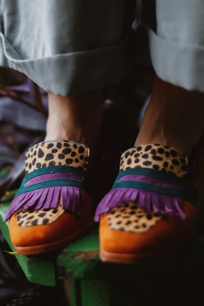 Cushioned Slip-On Loafer With Fringes And Animal Print