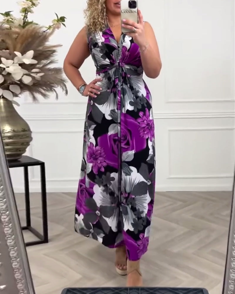 Svea | Women's Sleeveless Pleated Maxi Dress with Floral Print