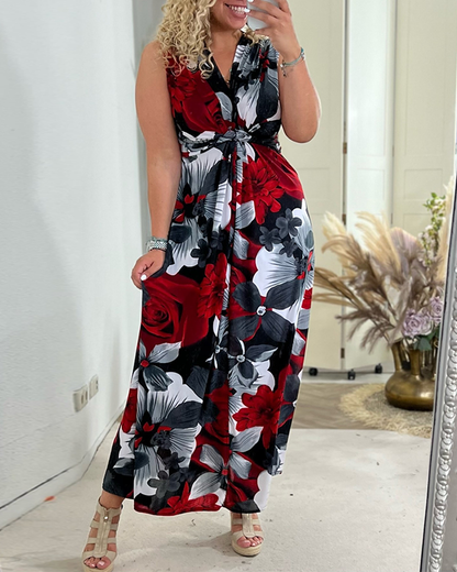 Svea | Women's Sleeveless Pleated Maxi Dress with Floral Print