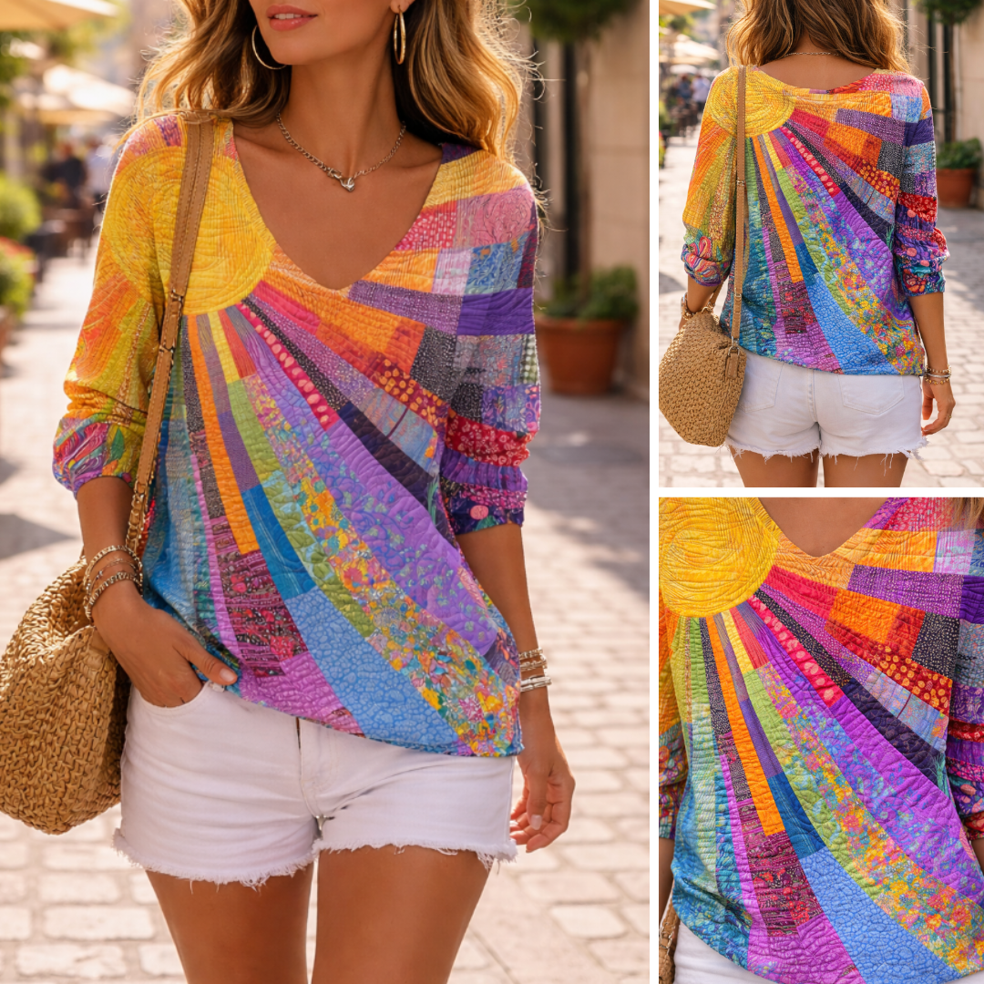 Women's Retro Colourful Patchwork Tee with V-Neck and Long Sleeve