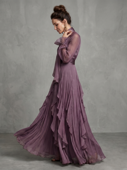 Demetria | Women's Tie Neck Ruffle Tiered Maxi Dress