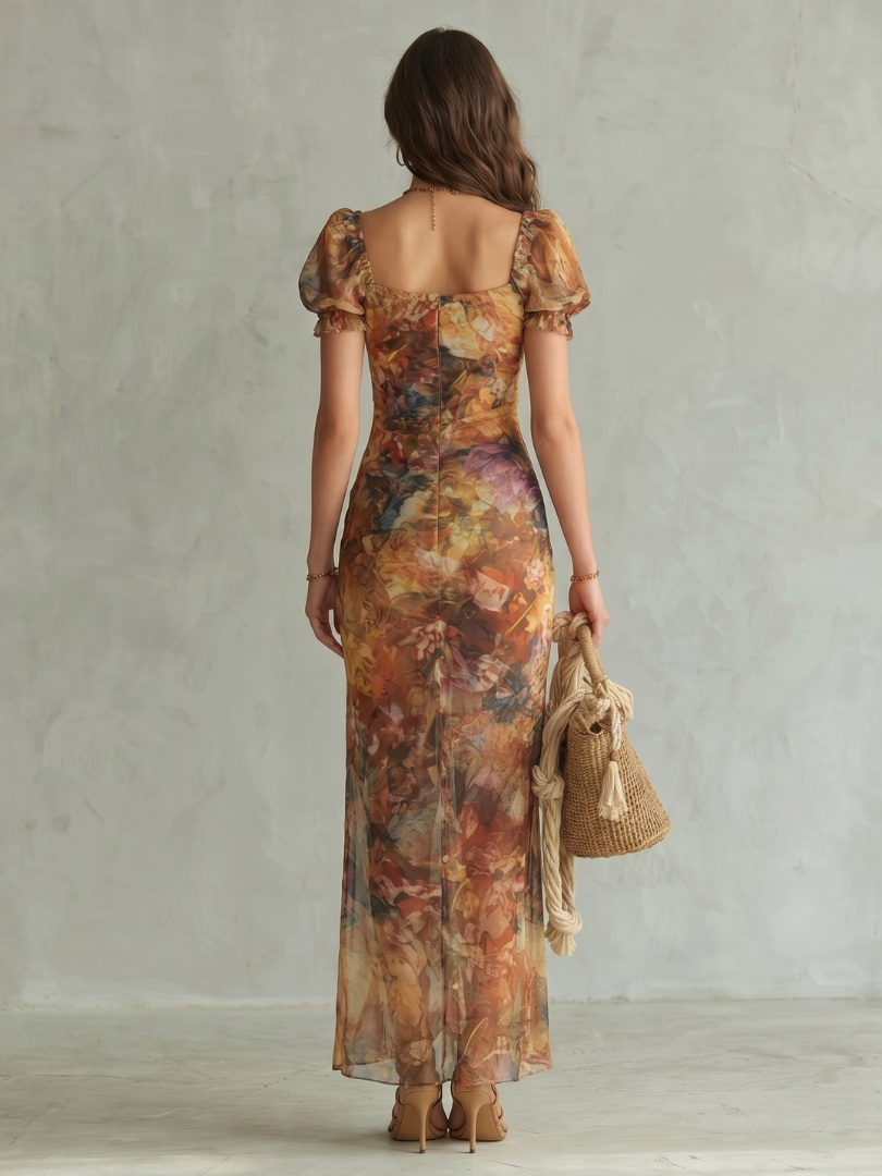 Ciel | Women's Ruffled Sleeve Ruched Slit Midi Dress with Ruching