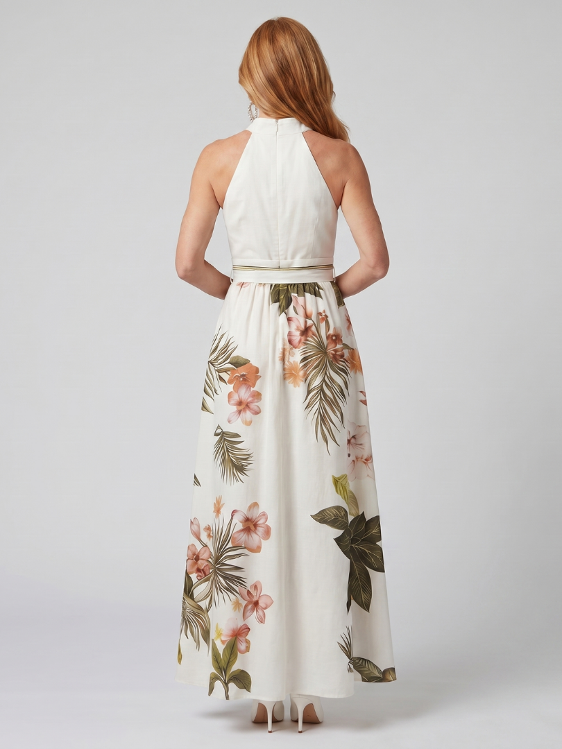 Meadow | Women's Draped Halter Botanical Panel Maxi Dress