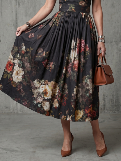 Greta | Women's High Neck Keyhole Floral Pleated Midi Dress