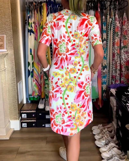 Federica | Women's Relaxed Dress with Short Sleeves and Floral Print