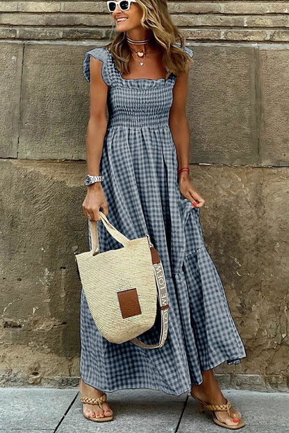 Ivara | Women's Elegant Plaid Summer Maxi Dress with Ruffle Detail and Smocking