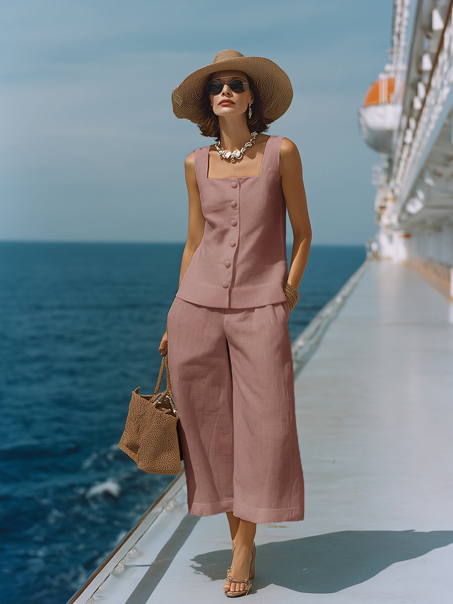Women's Timeless White, Square Neck Top with Matching Capri Trousers Set