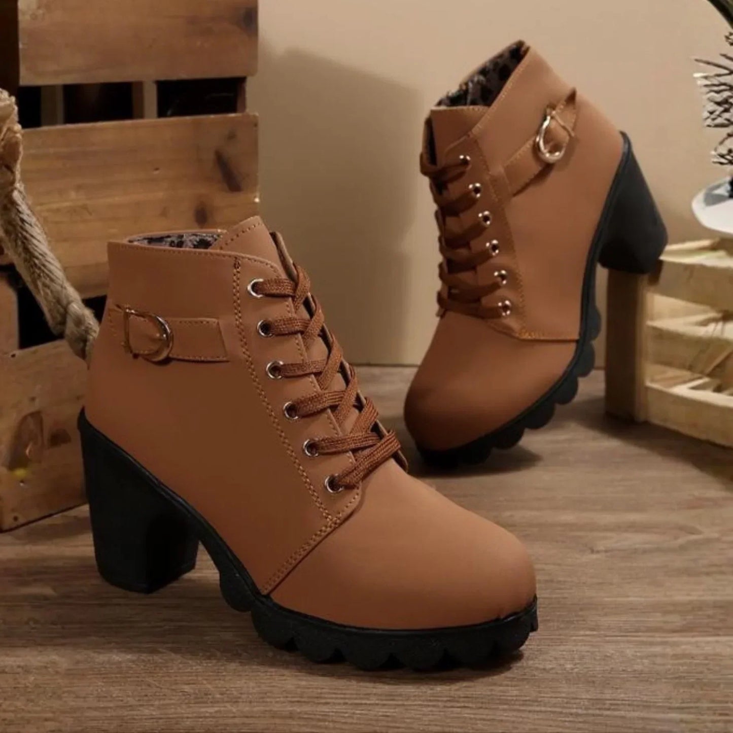 Mina | Women's Cushioned Buckle Stylish Lace-Up Ankle Boots