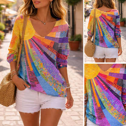 Women's Retro Colourful Patchwork Tee with V-Neck and Long Sleeve