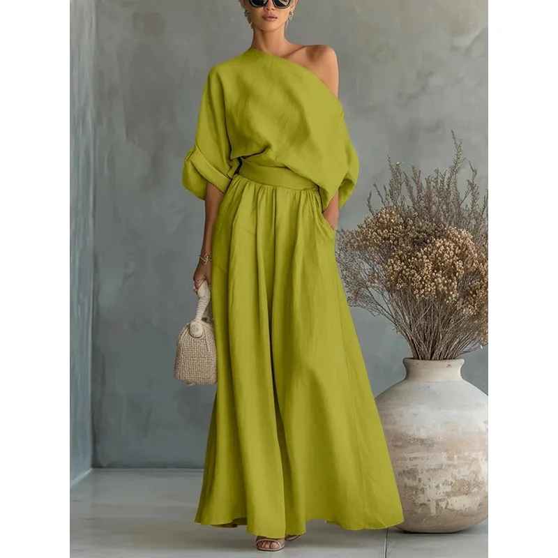 Lisa | Women's Longline Relaxed Cozy Off-Shoulder Top with Tapered Trousers Ensemble