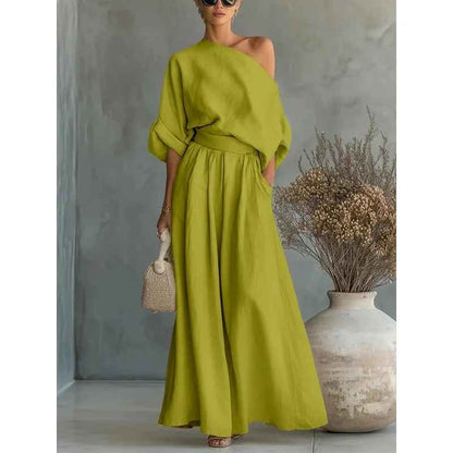 Lisa | Women's Longline Relaxed Cozy Off-Shoulder Top with Tapered Trousers Ensemble